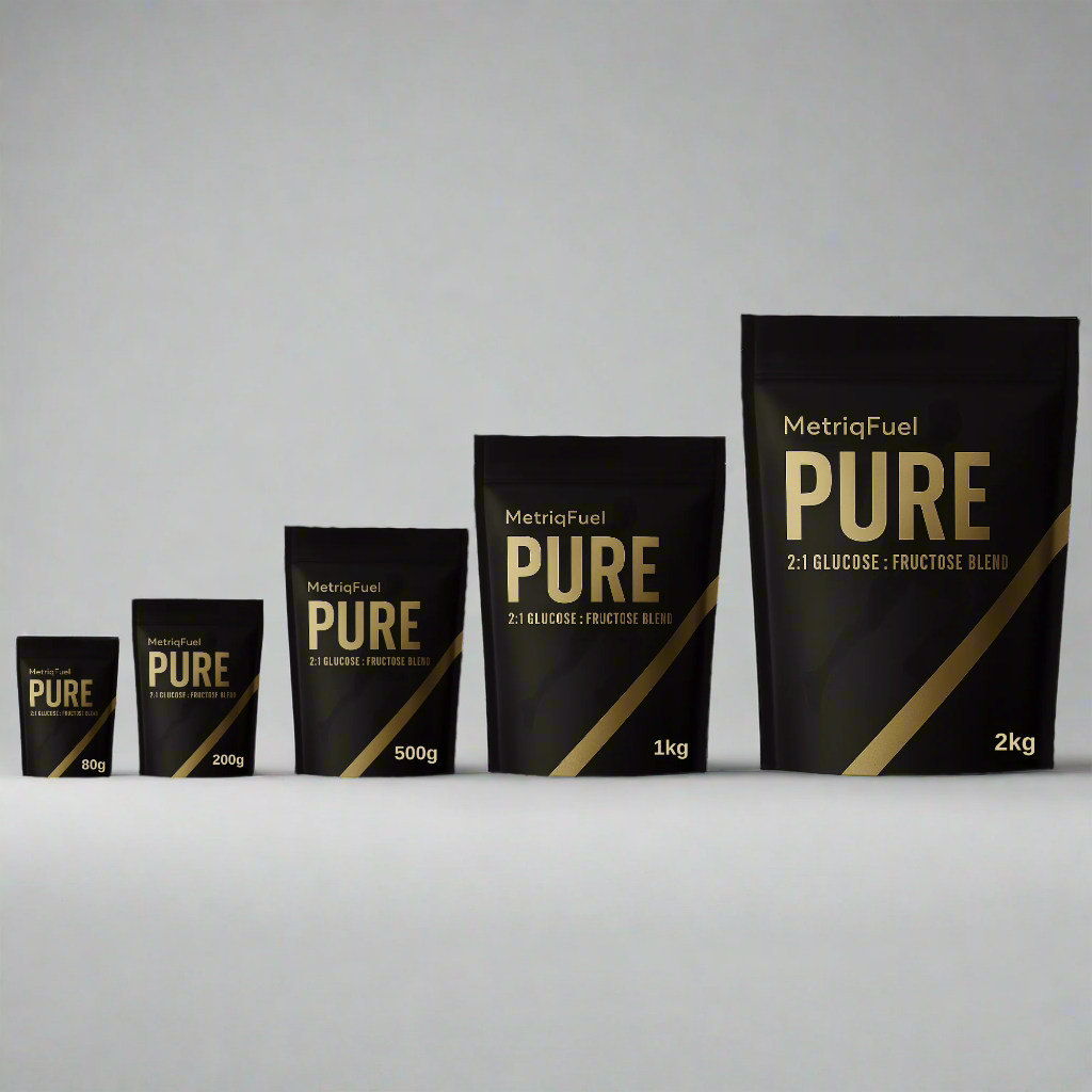 Set of MetriqFuel Pure packages in various sizes on a white background