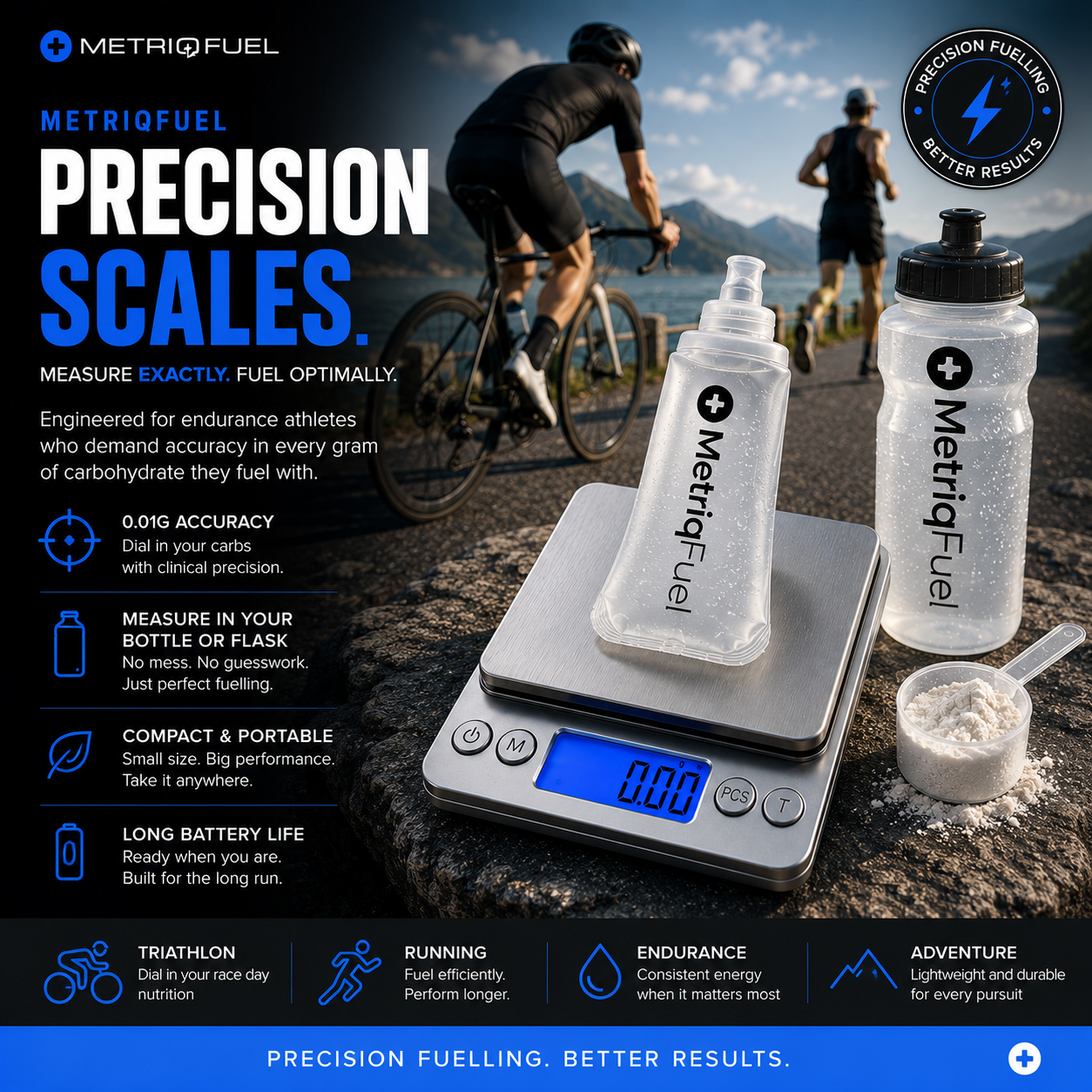 MetriqFuel Precision Scales | 0.01g High Accuracy Digital Fueling Scale for Endurance Athletes