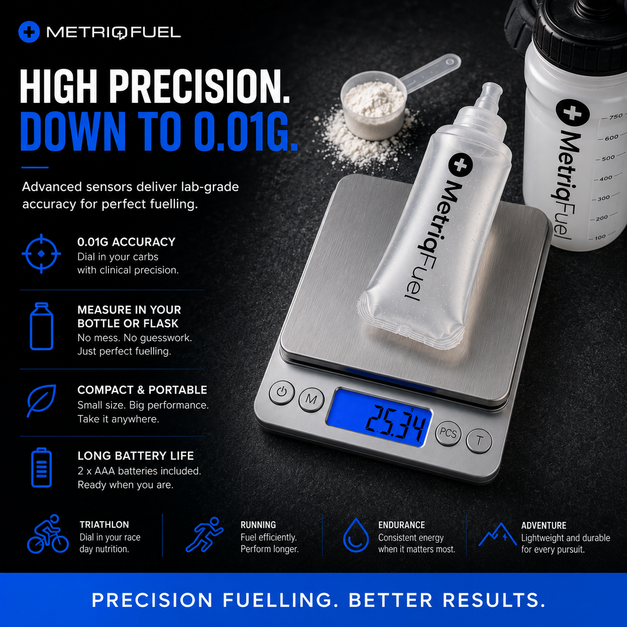 MetriqFuel Precision Scales | 0.01g High Accuracy Digital Fueling Scale for Endurance Athletes